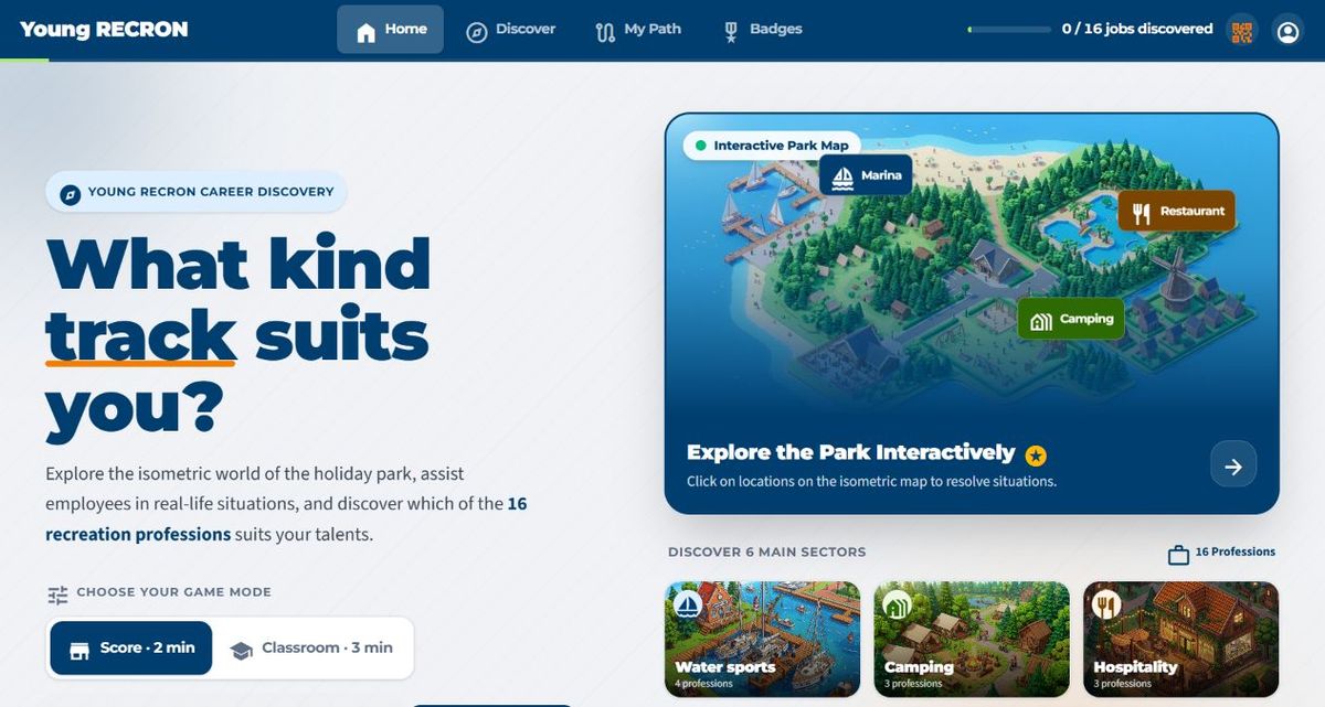 A screenshot of the Young Recron product interface, showing the isometric holiday-park map